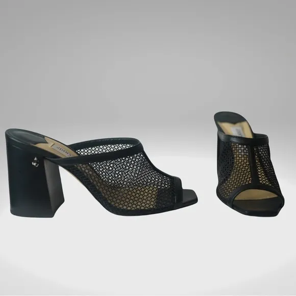 JIMMY CHOO Joud 85 Black Leather Trimmed Honeycomb Mesh Mules Block Heel Sandals