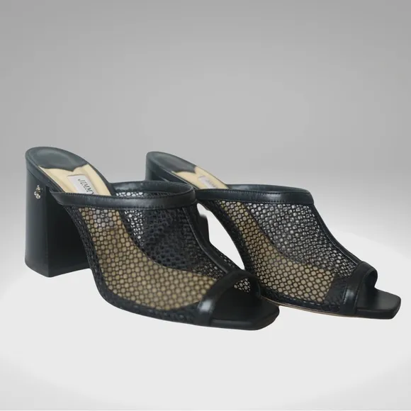 JIMMY CHOO Joud 85 Black Leather Trimmed Honeycomb Mesh Mules Block Heel Sandals
