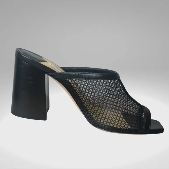 JIMMY CHOO Joud 85 Black Leather Trimmed Honeycomb Mesh Mules Block Heel Sandals