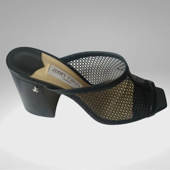 JIMMY CHOO Joud 85 Black Leather Trimmed Honeycomb Mesh Mules Block Heel Sandals