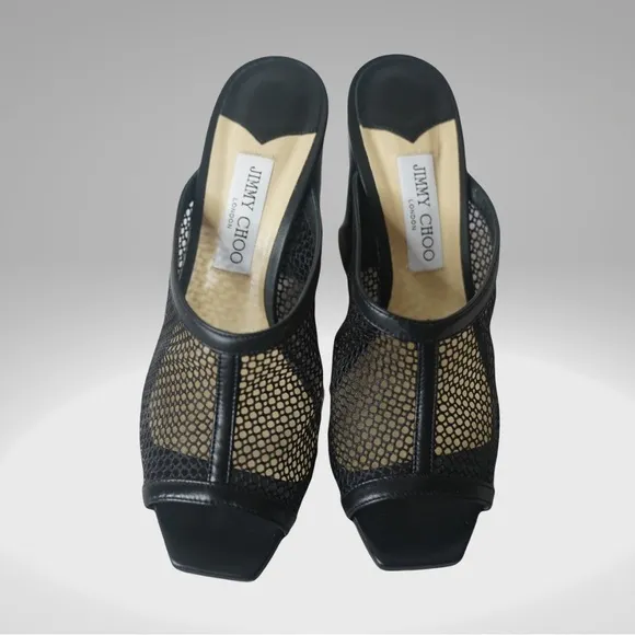 JIMMY CHOO Joud 85 Black Leather Trimmed Honeycomb Mesh Mules Block Heel Sandals