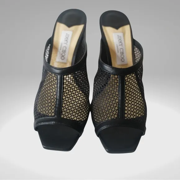 JIMMY CHOO Joud 85 Black Leather Trimmed Honeycomb Mesh Mules Block Heel Sandals