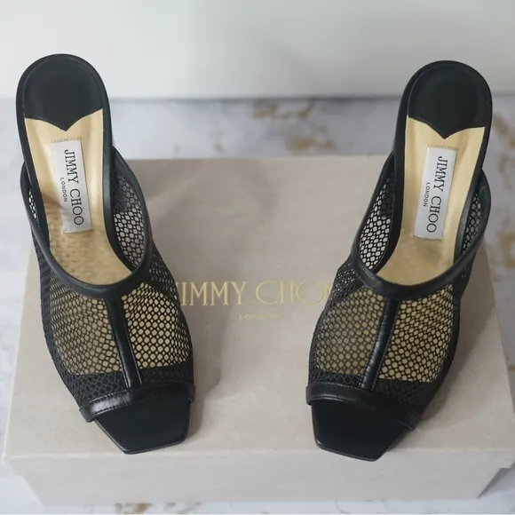 JIMMY CHOO Joud 85 Black Leather Trimmed Honeycomb Mesh Mules Block Heel Sandals