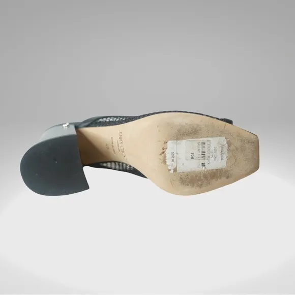 JIMMY CHOO Joud 85 Black Leather Trimmed Honeycomb Mesh Mules Block Heel Sandals