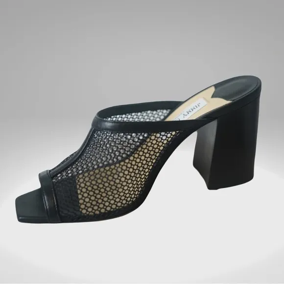 JIMMY CHOO Joud 85 Black Leather Trimmed Honeycomb Mesh Mules Block Heel Sandals