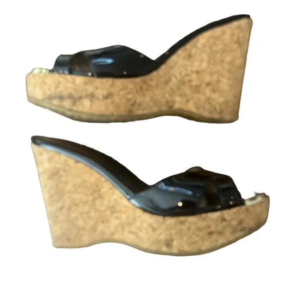 JIMMY CHOO Women's Black Patent Leather Wegde Heel Slide Sandel, Size 35 1/2