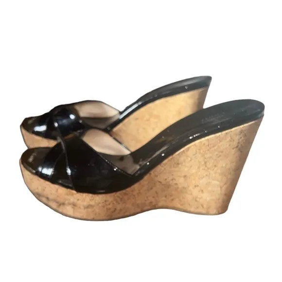 JIMMY CHOO Women's Black Patent Leather Wegde Heel Slide Sandel, Size 35 1/2