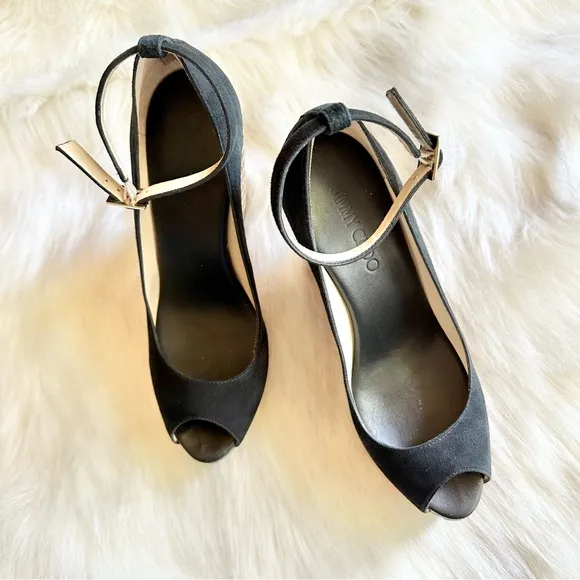 JIMMY CHOO Women's Pacific 120 Black Suede Wedge Sandals Size 39.5