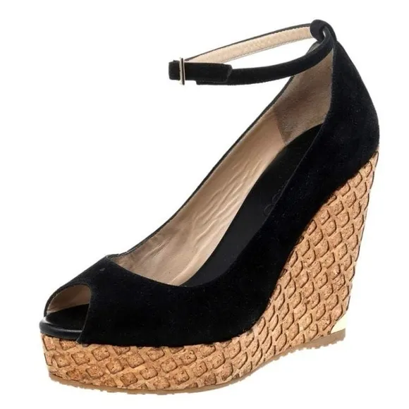 JIMMY CHOO Women's Pacific 120 Black Suede Wedge Sandals Size 39.5