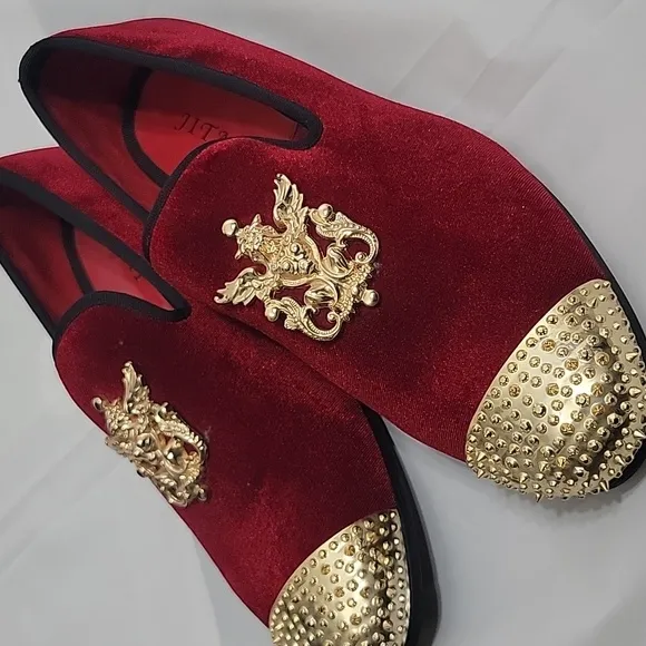Jitai Luxury Red Velvet Loafers with Gold Detailing Men's Size 9