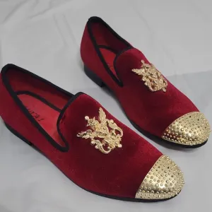 Jitai Luxury Red Velvet Loafers with Gold Detailing Men's Size 9