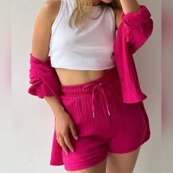 Joanna Button Up Shirt &amp; Shorts Set - Rose