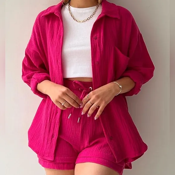 Joanna Button Up Shirt &amp; Shorts Set - Rose