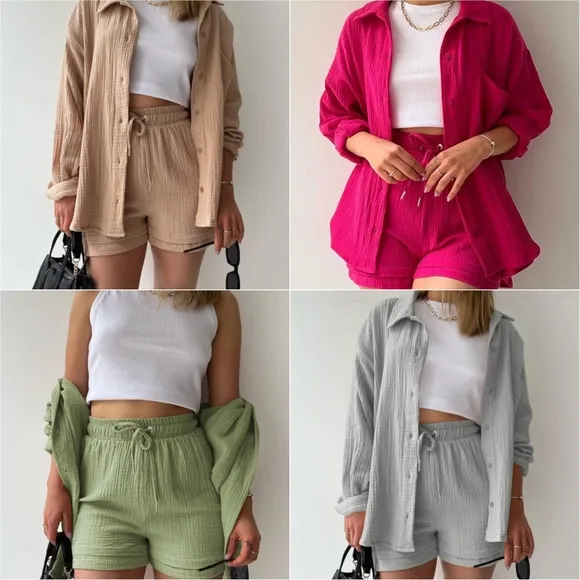Joanna Button Up Shirt &amp; Shorts Set - Rose