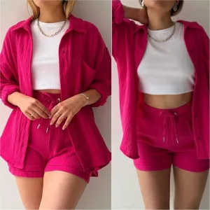 Joanna Button Up Shirt &amp; Shorts Set - Rose