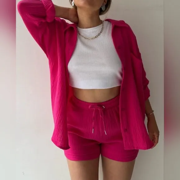 Joanna Button Up Shirt &amp; Shorts Set - Rose