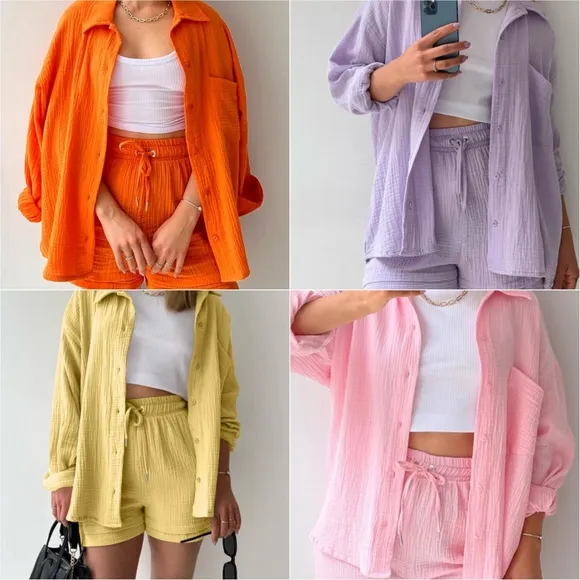 Joanna Button Up Shirt &amp; Shorts Set - Rose