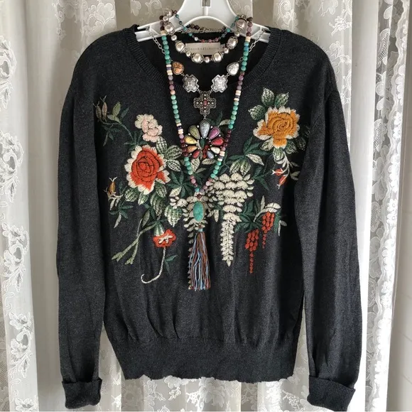 JOHNNY WAS * 4 Love &amp; Liberty Charcoal Embroidered Lightweight Sweater