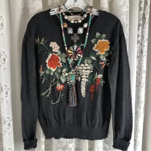 JOHNNY WAS * 4 Love &amp; Liberty Charcoal Embroidered Lightweight Sweater