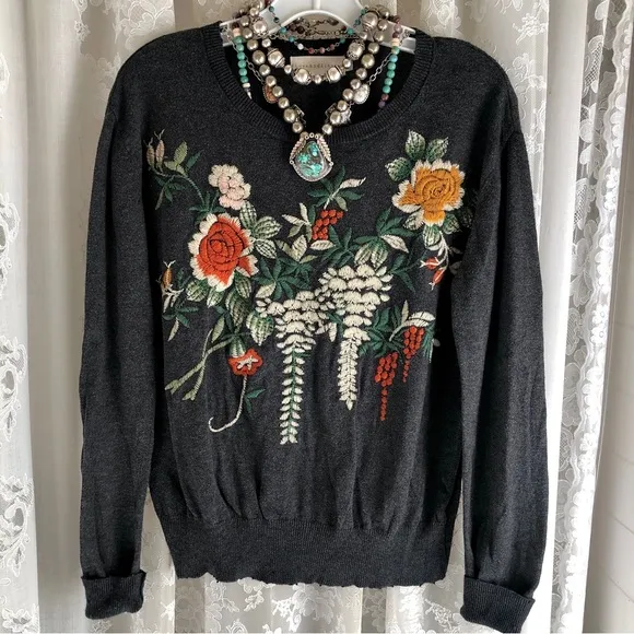 JOHNNY WAS * 4 Love &amp; Liberty Charcoal Embroidered Lightweight Sweater