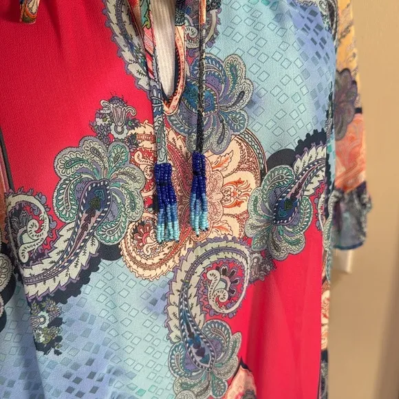 Johnny Was Cordelia Easy Midi Multi Colored Tassle Tie Lightweight Dress Medium