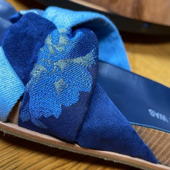 JOHNNY WAS Denim Suede Floral Tapestry Twist Slides