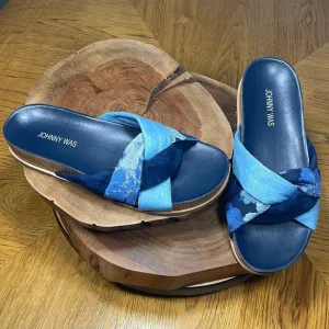 JOHNNY WAS Denim Suede Floral Tapestry Twist Slides