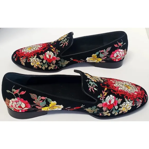 Johnny Was Shoes Slip On Mono Smoking Loafers 9.5 JWS 7822-6 Embroidery Floral