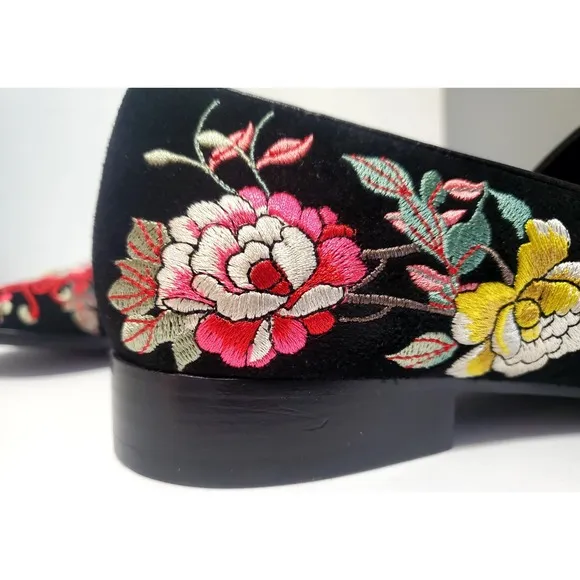 Johnny Was Shoes Slip On Mono Smoking Loafers 9.5 JWS 7822-6 Embroidery Floral
