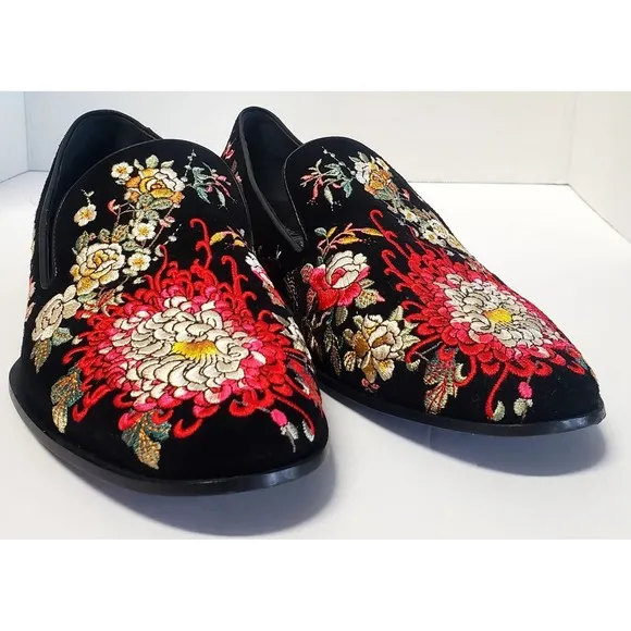 Johnny Was Shoes Slip On Mono Smoking Loafers 9.5 JWS 7822-6 Embroidery Floral