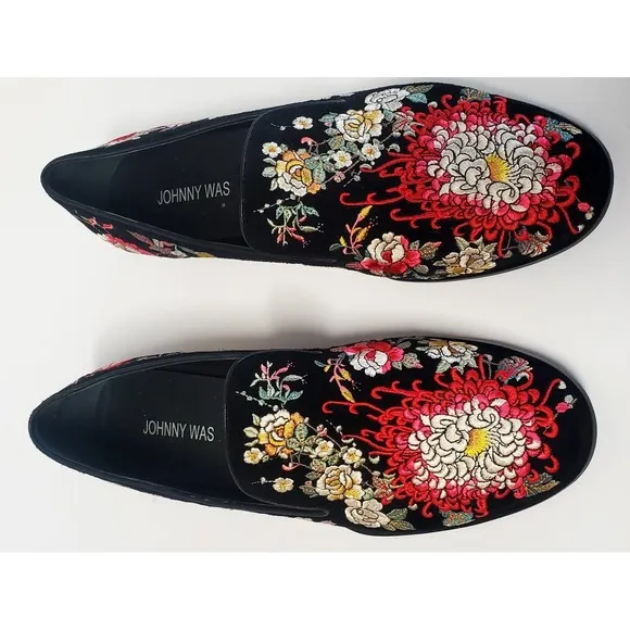 Johnny Was Shoes Slip On Mono Smoking Loafers 9.5 JWS 7822-6 Embroidery Floral