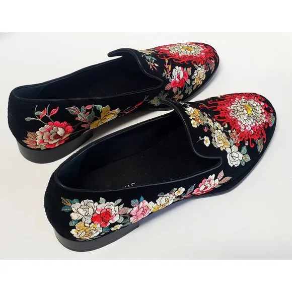 Johnny Was Shoes Slip On Mono Smoking Loafers 9.5 JWS 7822-6 Embroidery Floral
