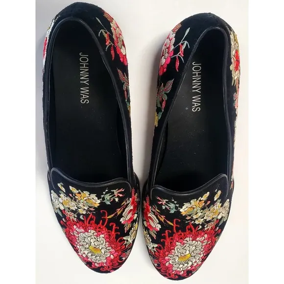 Johnny Was Shoes Slip On Mono Smoking Loafers 9.5 JWS 7822-6 Embroidery Floral
