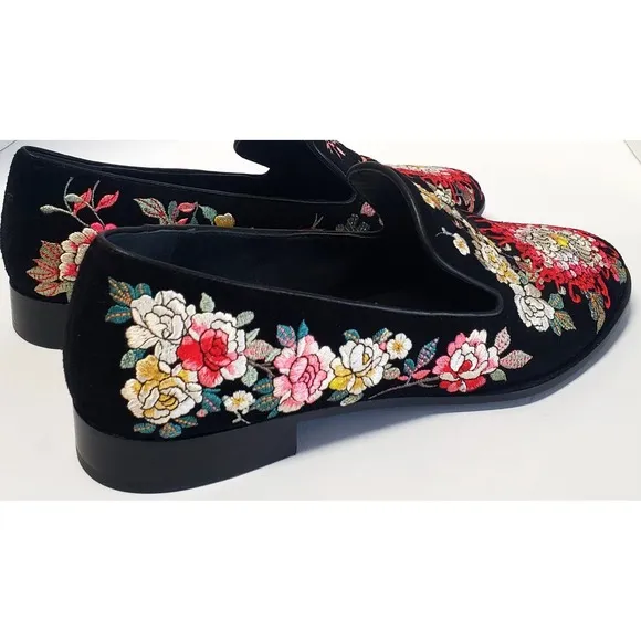 Johnny Was Shoes Slip On Mono Smoking Loafers 9.5 JWS 7822-6 Embroidery Floral