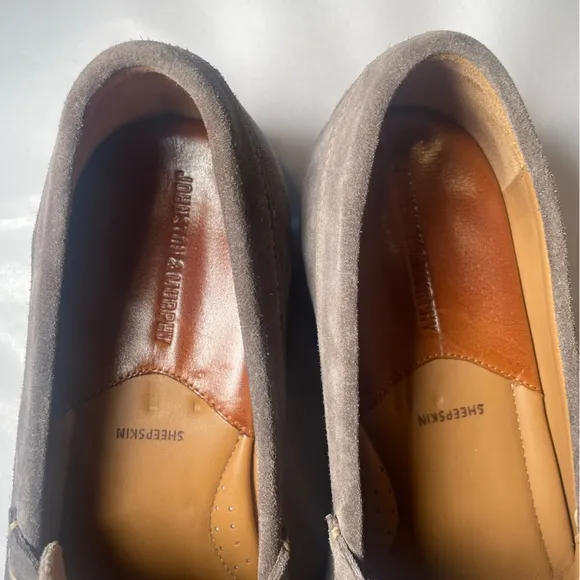 Johnston &amp; Murphy Mens Sz 9 Danbury Penny Loafers Gray Suede Sheepskin Leather