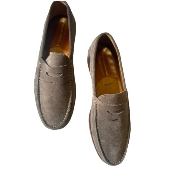 Johnston &amp; Murphy Mens Sz 9 Danbury Penny Loafers Gray Suede Sheepskin Leather