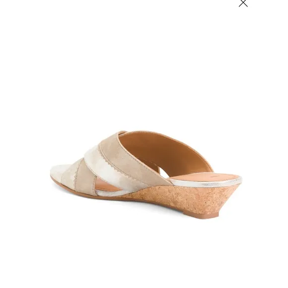 Johnston &amp; Murphy Silver &amp; Gold Leather Marlena Cross Band Wedge Sandals 8.5