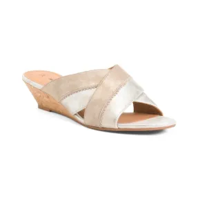 Johnston &amp; Murphy Silver &amp; Gold Leather Marlena Cross Band Wedge Sandals 8.5
