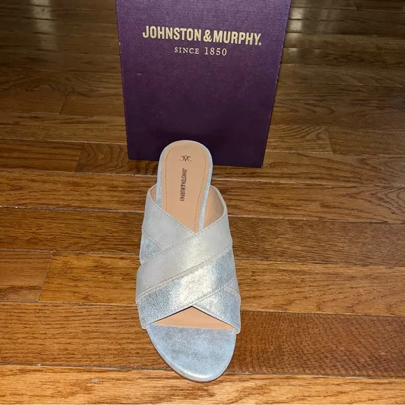 Johnston &amp; Murphy Silver &amp; Gold Leather Marlena Cross Band Wedge Sandals 8.5