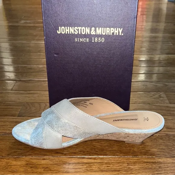 Johnston &amp; Murphy Silver &amp; Gold Leather Marlena Cross Band Wedge Sandals 8.5