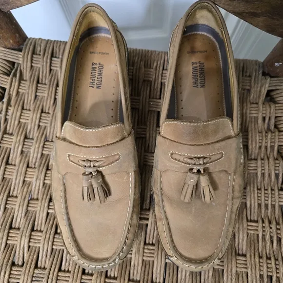 Johnston Murphy sheepskin tassel Loafers mens tan 9M