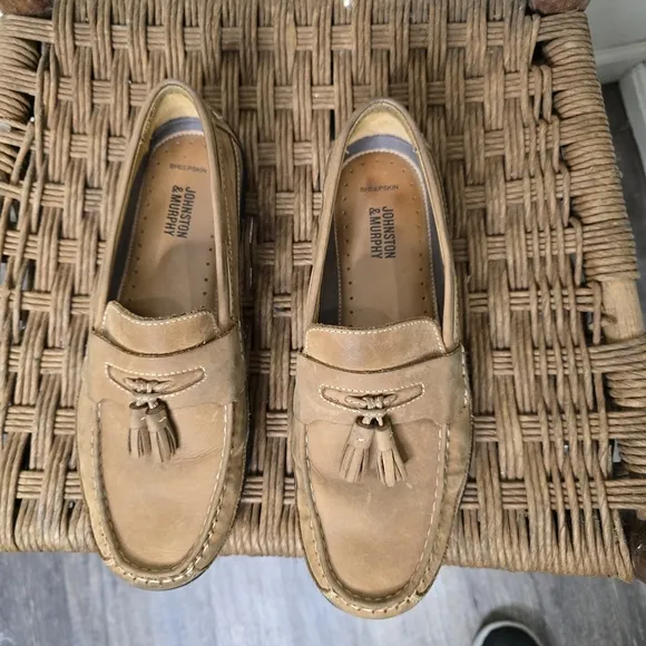 Johnston Murphy sheepskin tassel Loafers mens tan 9M