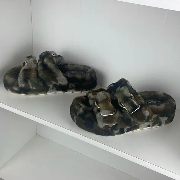 J/SLIDES Genuine Shearling 2 Strap Platform Slide Sandals camouflage 7