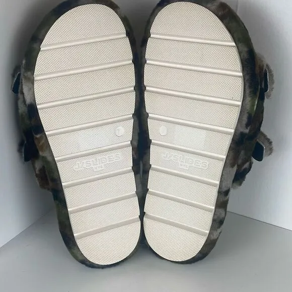 J/SLIDES Genuine Shearling 2 Strap Platform Slide Sandals camouflage 7