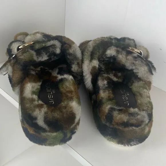 J/SLIDES Genuine Shearling 2 Strap Platform Slide Sandals camouflage 7