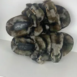 J/SLIDES Genuine Shearling 2 Strap Platform Slide Sandals camouflage 7