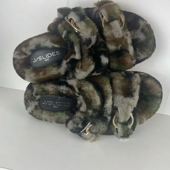 J/SLIDES Genuine Shearling 2 Strap Platform Slide Sandals camouflage 7