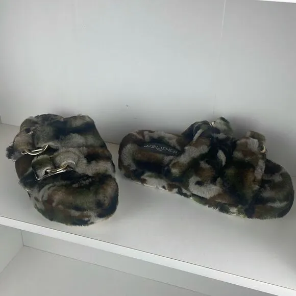 J/SLIDES Genuine Shearling 2 Strap Platform Slide Sandals camouflage 7