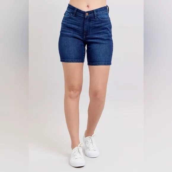 Judy Blue High Rise V-waist Slim Fit Denim Skinny Jean Dark Blue Bermuda Shorts