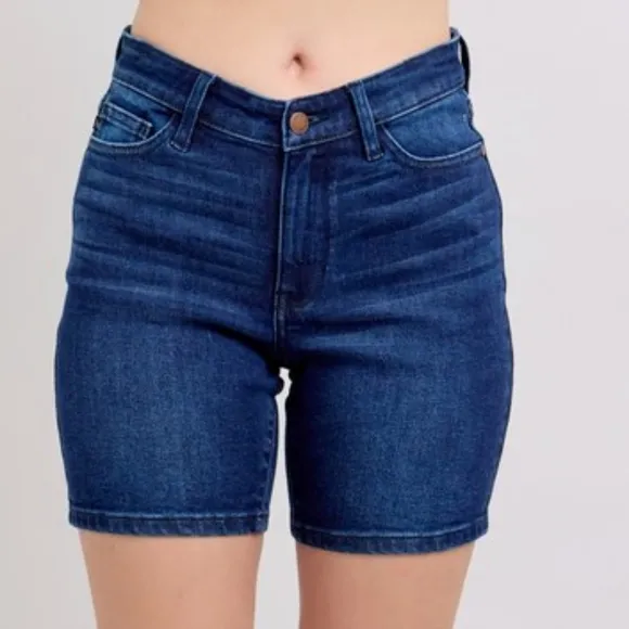 Judy Blue High Rise V-waist Slim Fit Denim Skinny Jean Dark Blue Bermuda Shorts